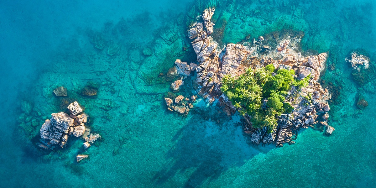 Tropical island with sea and palm taken from drone. Seychelles aerial photo. St Pierre Island