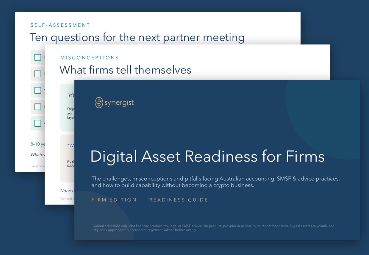 Preview of the Digital Asset Readiness for Firms guide, showing the cover in front with two further pages stacked behind it