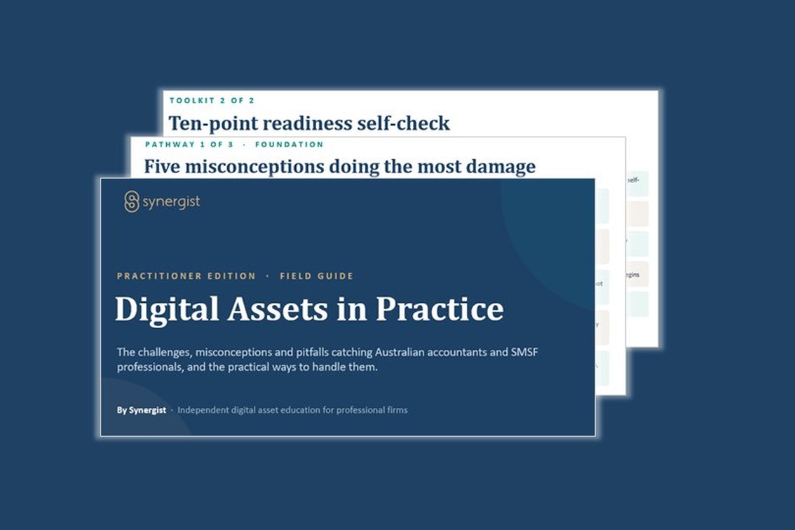 Preview of the Digital Assets in Practice practitioner field guide, showing the cover in front with two further pages stacked behind it, headed Five misconceptions doing the most damage and Ten-point readiness self-check